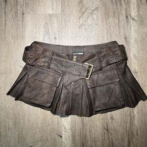 Fashion Nova Distressed Brown Faux Leather Belted Pleated Mini Skirt